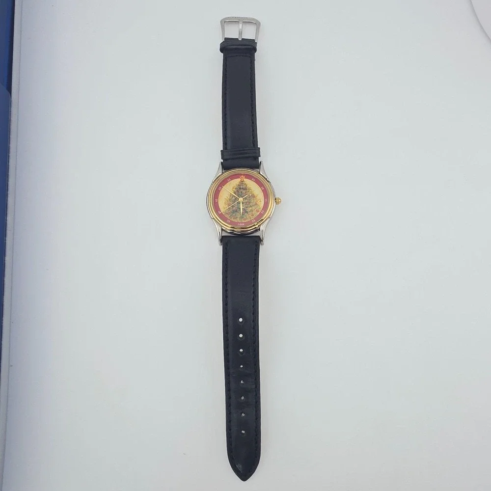 Vtg 1996 FOSSIL Watch Limited Edition Christmas Tree Holiday Black Leather 8